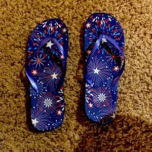 4th of July red, white, and blue sandlas with purple, shiny straps